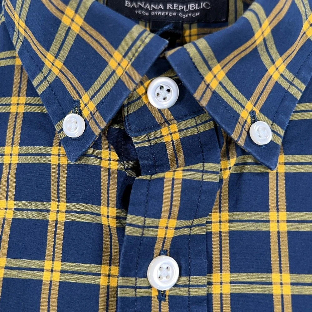 Banana Republic Shirt Mens Medium Blue Gold Check Long Sleeve Button Down